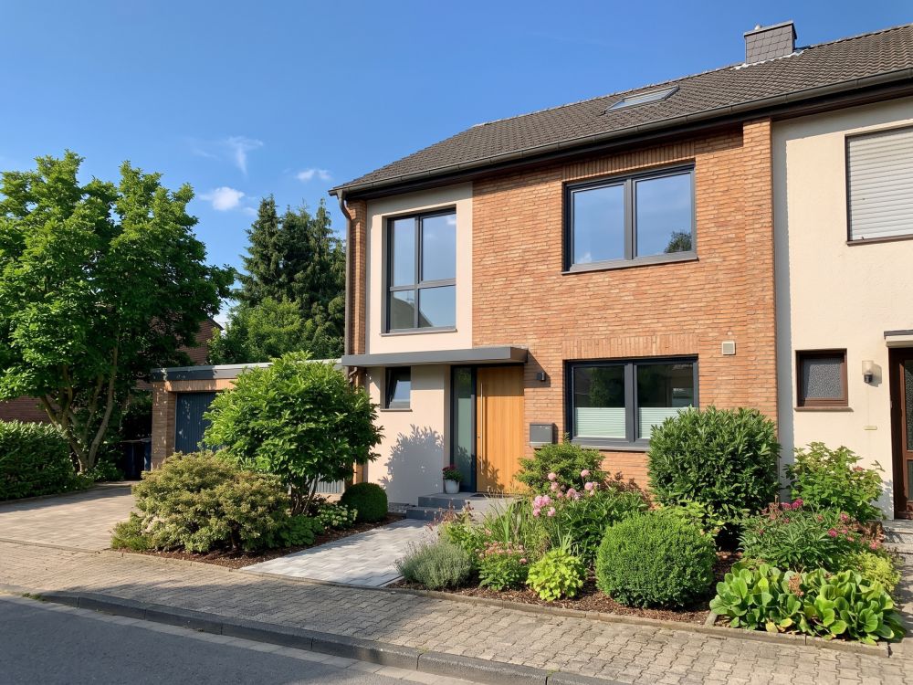 Dieselbe Hausansicht im Hochsommer mit blauem Himmel
